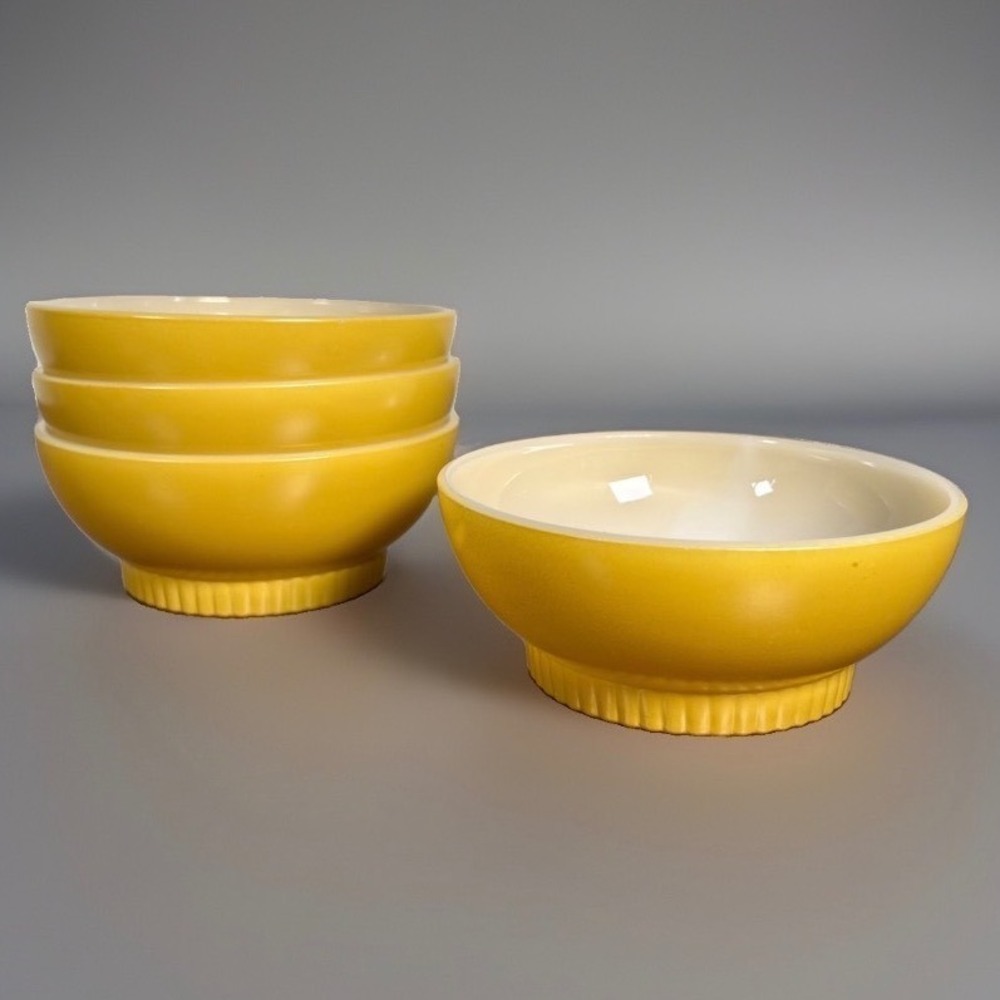 Fire King Bowls Mustard Yellow Ribbed Footed Milk Glass Anchor Hocking Set of 4